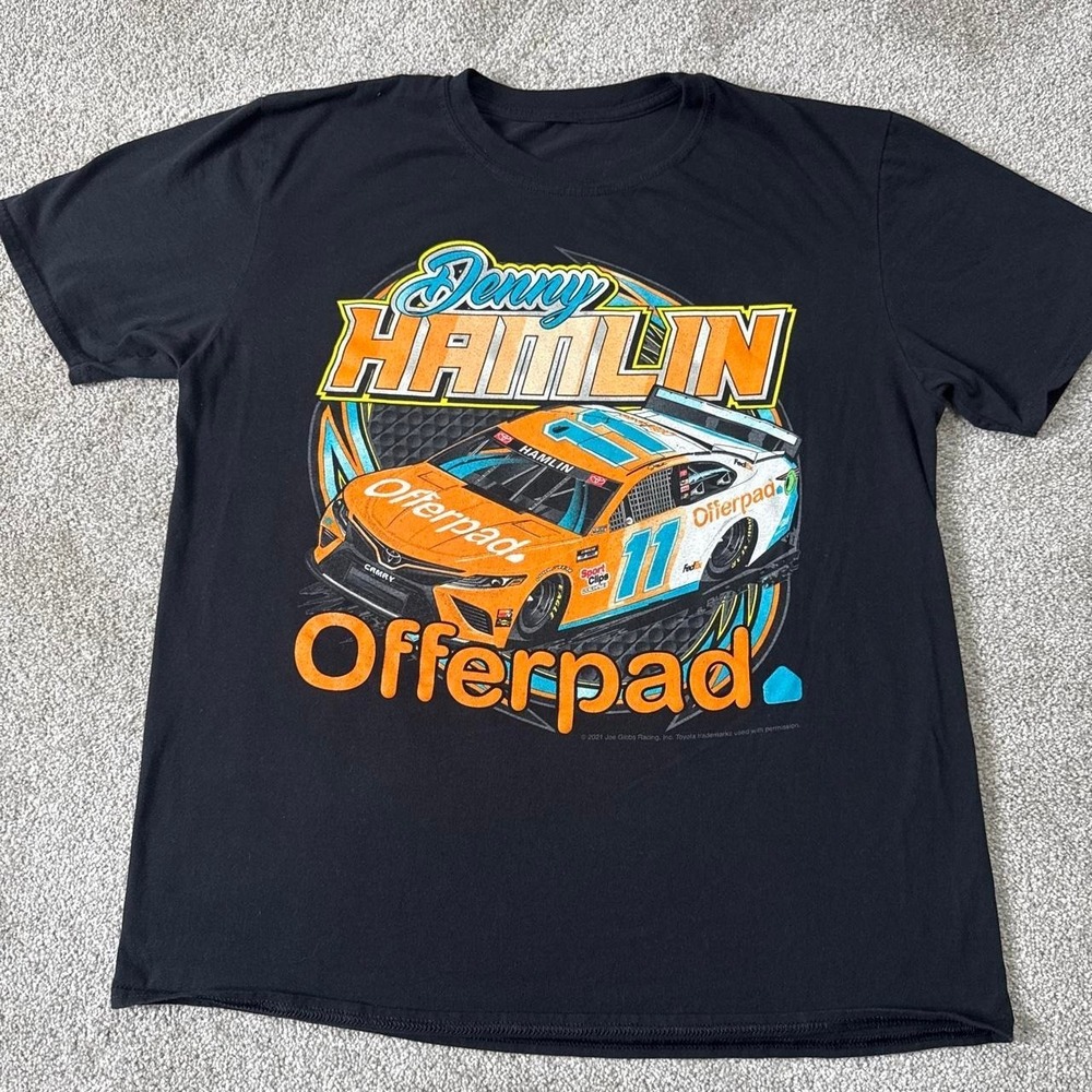 NASCAR Denny Hamlin Black T-Shirt Orange Blue Race Car Graphic Medium